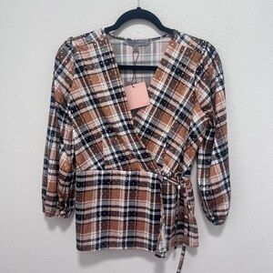 Alex & Parker Brown Black White Plaid Long Sleeve Blouse Size Medium